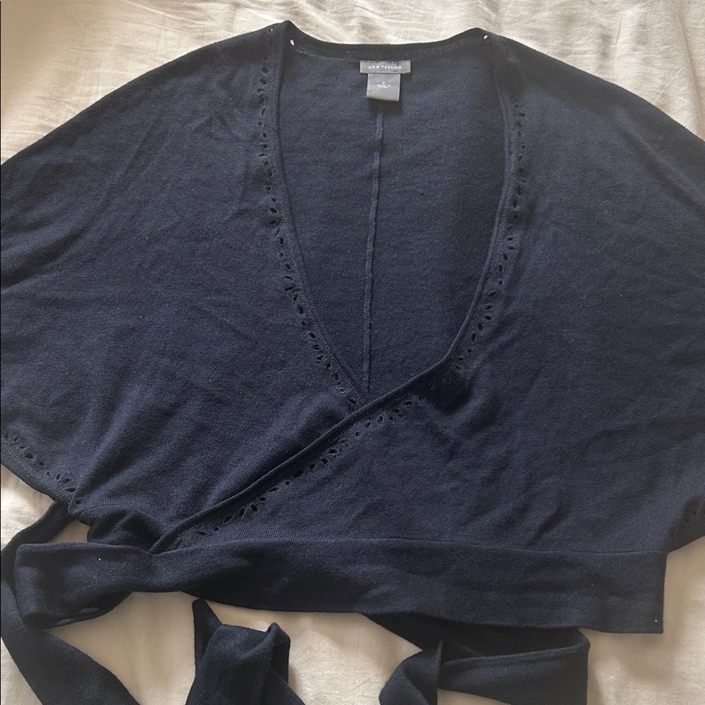 Ann Taylor Navy Wrap V‑Neck Tie Sweater